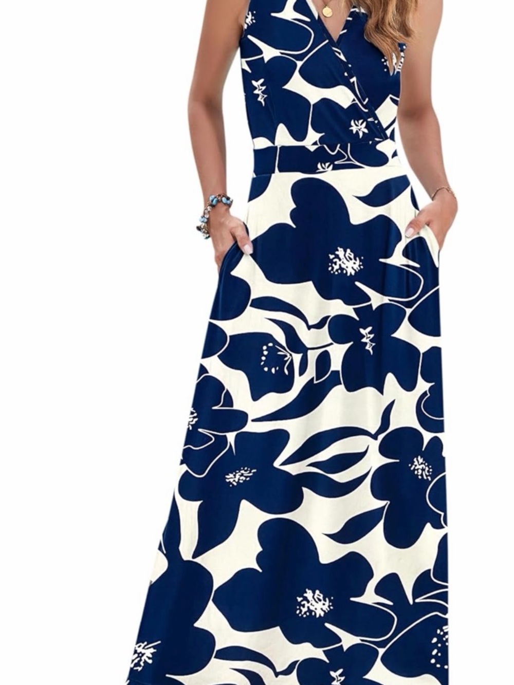 Navy & White Floral V-Neck Maxi Dress